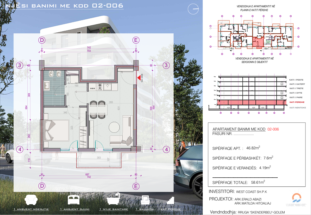 Apartament i mobiluar 1+1 në shitje në Golem, Mali i Robit, Durrës - 93,800€ | 58.61 m² (3/9)