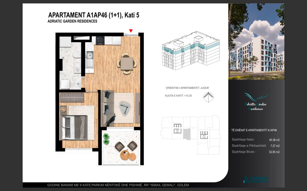 Apartament 1+1 me Pamje PISHNE,PER Shitje Tek "Adriatik Garden" ne Golem