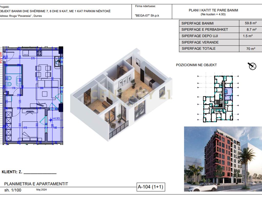 Apartament 1+1 në shitje në Plazh, Durrës - 100,940€ | 70 m²